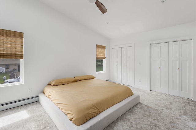 193 Mohawk Trl, Cranston, RI 02921 - bedroom featuring carpet floors, two closets, a baseboard radiator, and ceiling fan