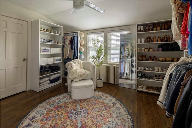 31 Bowen St, East Providence, RI 02916 - sitting room featuring radiator heating unit, vaulted ceiling, ceiling fan, and wood finished floors