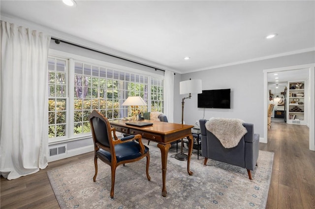 469 Fletcher Rd, North Kingstown, RI 02852 - dining room featuring wood finished floors, recessed lighting, an office area, and crown molding