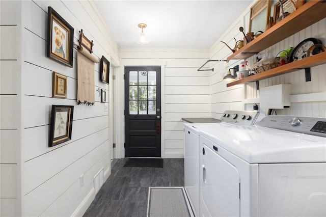 469 Fletcher Rd, North Kingstown, RI 02852 - laundry room featuring washing machine and clothes dryer and wood walls