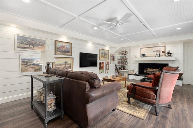 469 Fletcher Rd, North Kingstown, RI 02852 - living room with a ceiling fan, dark wood-style flooring, recessed lighting, coffered ceiling, and wood walls