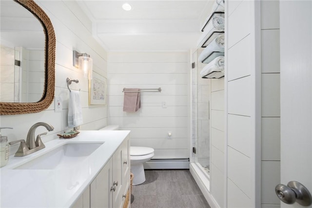 469 Fletcher Rd, North Kingstown, RI 02852 - bathroom with a baseboard radiator, vanity, and a shower stall
