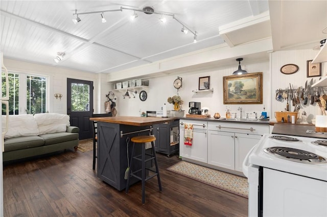 469 Fletcher Rd, North Kingstown, RI 02852 - kitchen featuring butcher block countertops, a kitchen bar, dark wood-style flooring, and open shelves