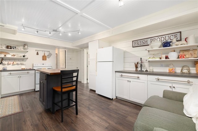 469 Fletcher Rd, North Kingstown, RI 02852 - kitchen featuring white appliances, open shelves, dark wood-style flooring, white cabinets, and wood counters