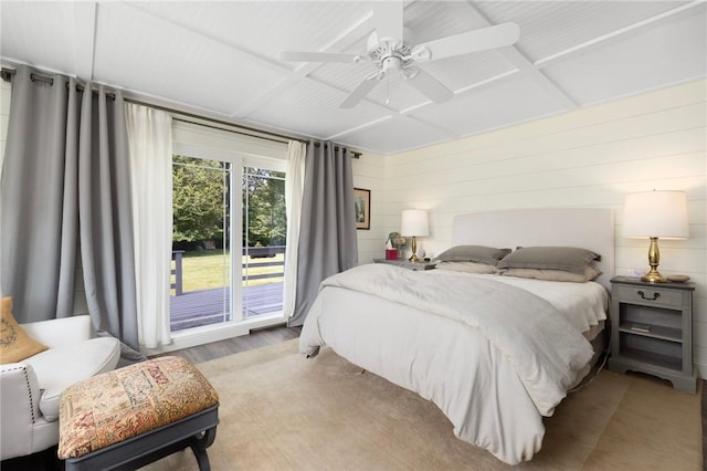 469 Fletcher Rd, North Kingstown, RI 02852 - bedroom featuring access to exterior, a ceiling fan, and wood finished floors