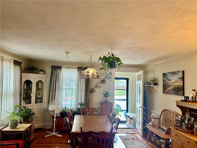 27 Highland St, Cranston, RI 02920 - dining area with healthy amount of natural light, a textured ceiling, ornamental molding, and dark wood-style floors
