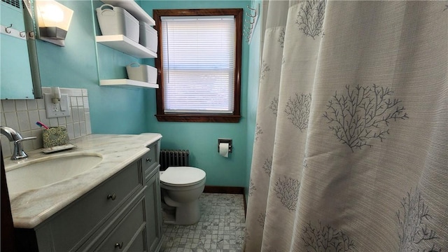 788 Cass Ave, Woonsocket, RI 02895 - bathroom with vanity, radiator, decorative backsplash, and curtained shower