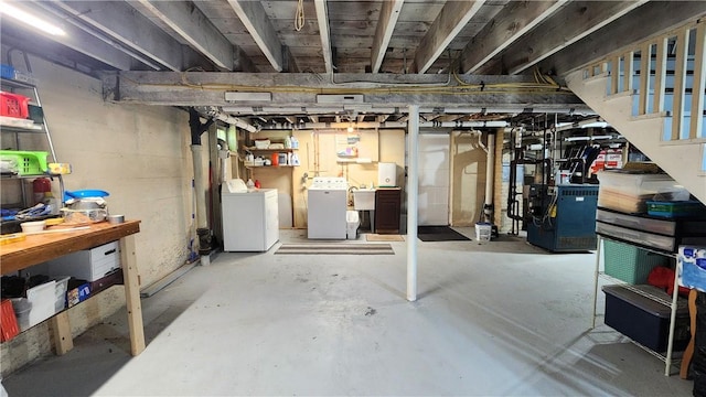 788 Cass Ave, Woonsocket, RI 02895 - unfinished below grade area featuring independent washer and dryer, a heating unit, and stairs