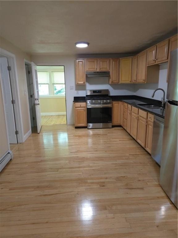 7 Edge St, West Warwick, RI 02893 - kitchen featuring appliances with stainless steel finishes, light wood finished floors, under cabinet range hood, and dark countertops