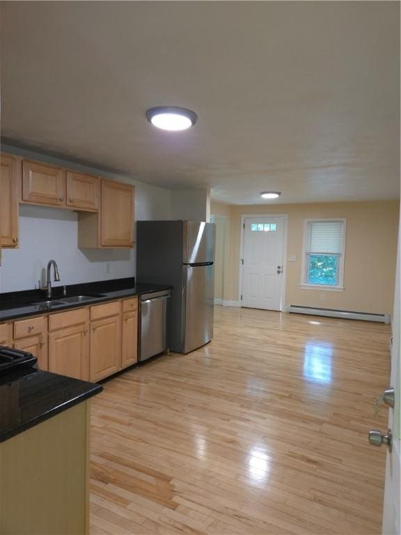 7 Edge St, West Warwick, RI 02893 - kitchen featuring stainless steel appliances, light wood finished floors, baseboard heating, dark countertops, and light brown cabinets