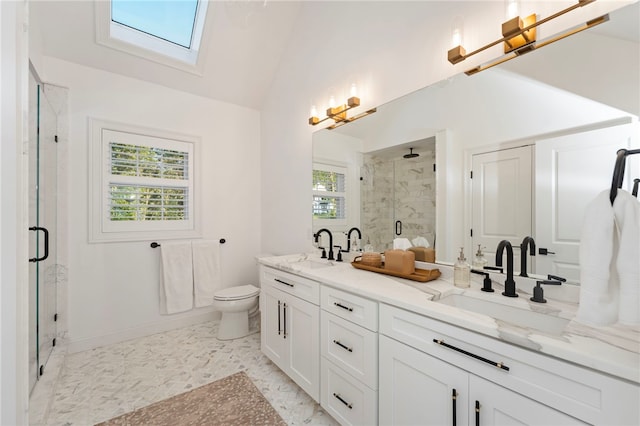 3 Kelsey Eden Way, Cumberland, RI 02864 - full bathroom with a stall shower, a skylight, double vanity, and lofted ceiling