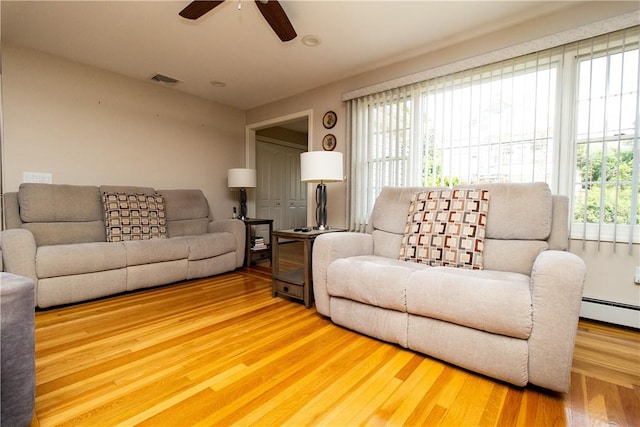 136 Woodward Rd, Providence, RI 02904 - living room with healthy amount of natural light, wood finished floors, a ceiling fan, a baseboard radiator, and recessed lighting