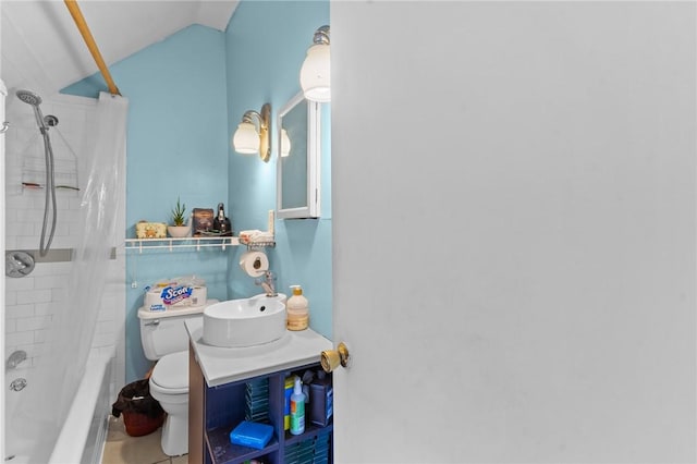 18 Ortoleva Dr, Providence, RI 02909 - bathroom with vanity, shower / bath combo, vaulted ceiling, and tile patterned flooring