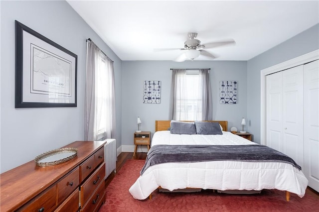 6 Pond Ave, Newport, RI 02840 - bedroom featuring radiator, a closet, a ceiling fan, and dark wood-type flooring