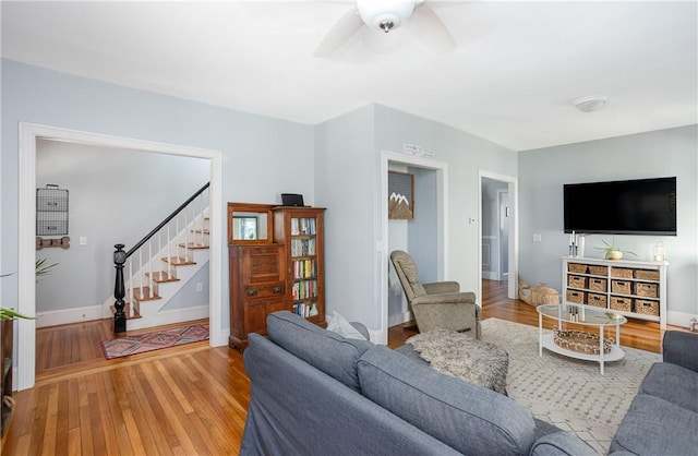 6 Pond Ave, Newport, RI 02840 - living room featuring stairs, wood finished floors, and ceiling fan