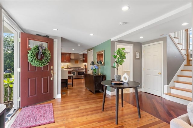 12 Windward Cir, Warwick, RI 02889 - entrance foyer with stairway, light wood-style floors, and recessed lighting