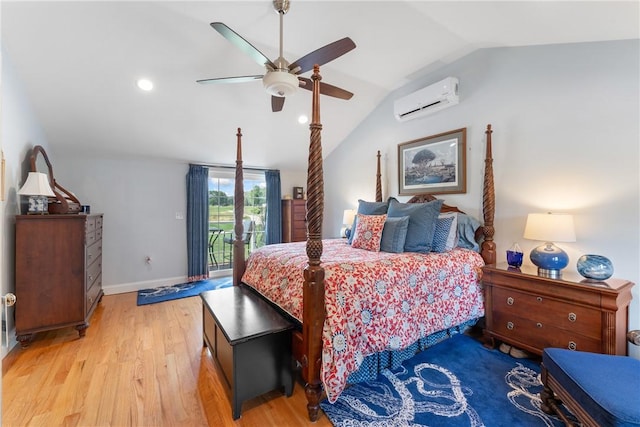 12 Windward Cir, Warwick, RI 02889 - bedroom with a wall mounted AC, access to outside, light wood-style floors, lofted ceiling, and ceiling fan