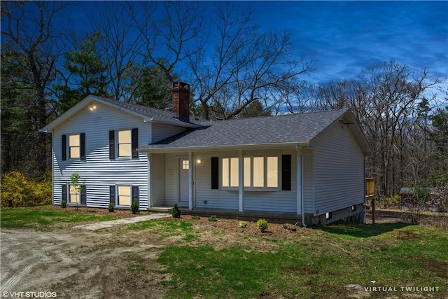 22 T Parker Rd, Foster, RI 02825 - tri-level home featuring a chimney, roof with shingles, covered porch, and a front yard