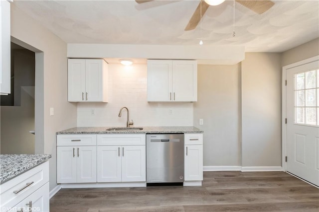 22 T Parker Rd, Foster, RI 02825 - kitchen with dishwasher, decorative backsplash, wood finished floors, and white cabinets
