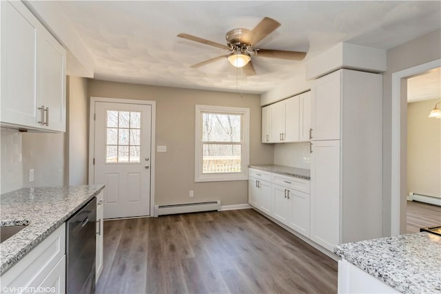 22 T Parker Rd, Foster, RI 02825 - kitchen featuring a baseboard radiator, stainless steel dishwasher, plenty of natural light, and white cabinetry
