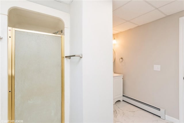 22 T Parker Rd, Foster, RI 02825 - full bath with a baseboard radiator, a shower stall, marble finish flooring, and a paneled ceiling