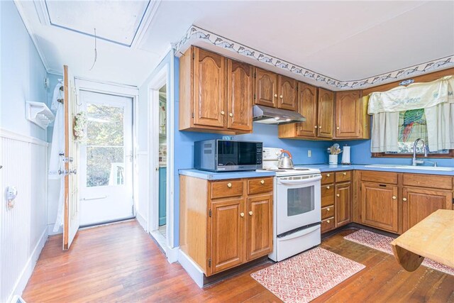 223 Mautucket Rd, South Kingstown, RI 02879 - kitchen with stainless steel microwave, white range with electric stovetop, under cabinet range hood, dark wood-type flooring, and brown cabinets