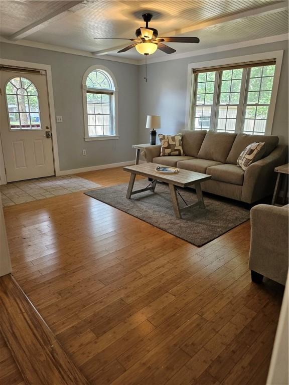 41 Park Ln, Coventry, RI 02816 - living area with light wood-type flooring, a ceiling fan, and crown molding