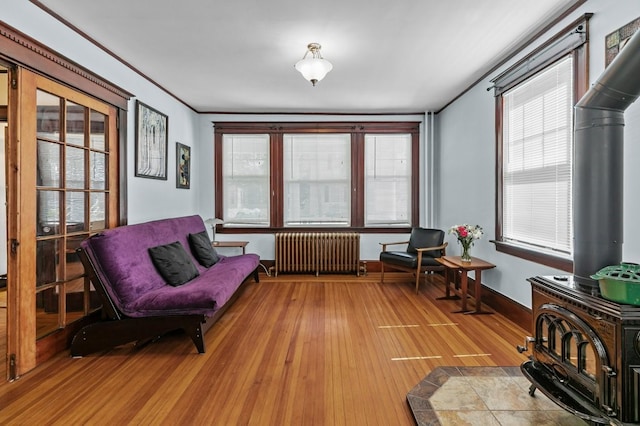 32 Thurston Ave Unit A, Newport, RI 02840 - sitting room featuring radiator, wood finished floors, and a wood stove