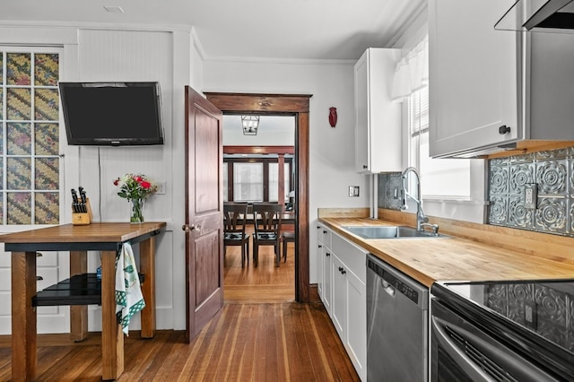 32 Thurston Ave Unit A, Newport, RI 02840 - kitchen featuring stainless steel dishwasher, dark wood-style floors, white cabinets, butcher block countertops, and ornamental molding