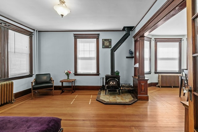 32 Thurston Ave Unit A, Newport, RI 02840 - sitting room with radiator, a wood stove, and crown molding