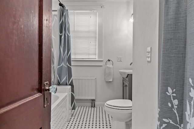 32 Thurston Ave Unit A, Newport, RI 02840 - bathroom with radiator, vanity, a tub, a shower with curtain, and tile patterned floors