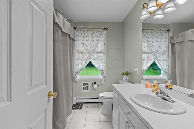8 Anthony Rd, Foster, RI 02825 - bathroom featuring a baseboard radiator, tile patterned flooring, vanity, electric panel, and a chandelier