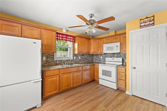 21 Cypress Ave, Tiverton, RI 02878 - kitchen with white appliances, ceiling fan, backsplash, and light wood-style floors