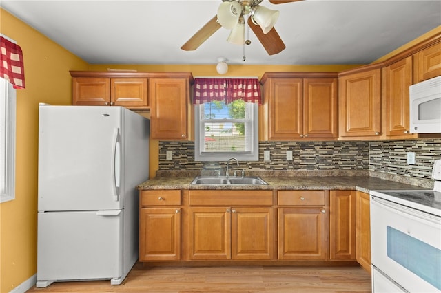 21 Cypress Ave, Tiverton, RI 02878 - kitchen featuring white appliances, a ceiling fan, tasteful backsplash, and brown cabinetry