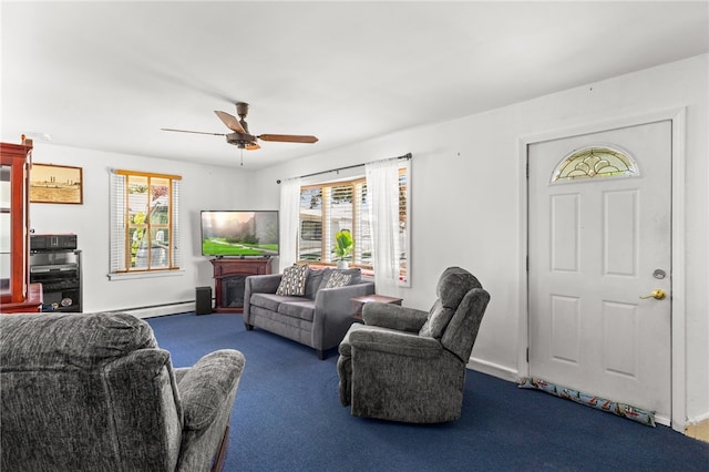 21 Cypress Ave, Tiverton, RI 02878 - carpeted living area featuring ceiling fan and a baseboard heating unit