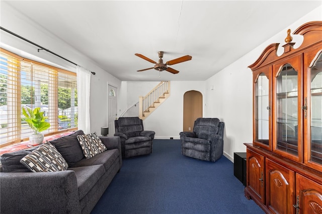 21 Cypress Ave, Tiverton, RI 02878 - carpeted living area with stairway, a ceiling fan, and arched walkways