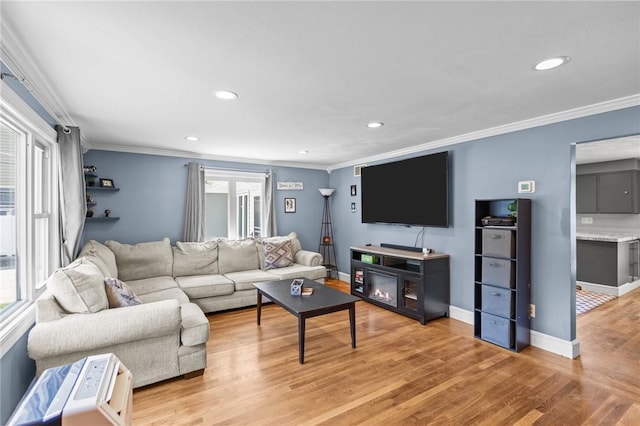 58 E St, West Warwick, RI 02893 - living room with crown molding, light wood-style flooring, and recessed lighting