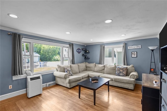 58 E St, West Warwick, RI 02893 - living area with crown molding, light wood-style flooring, and recessed lighting