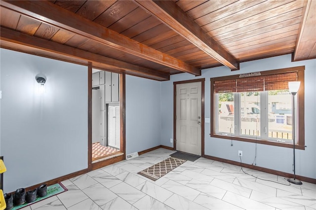58 E St, West Warwick, RI 02893 - foyer featuring a wood ceiling with exposed beams and light marble finish floors