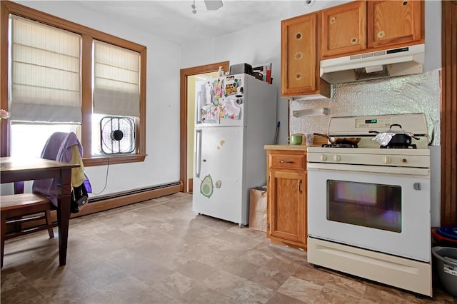 11 Branch Ave, Cranston, RI 02910 - kitchen with white appliances, under cabinet range hood, baseboard heating, and brown cabinetry