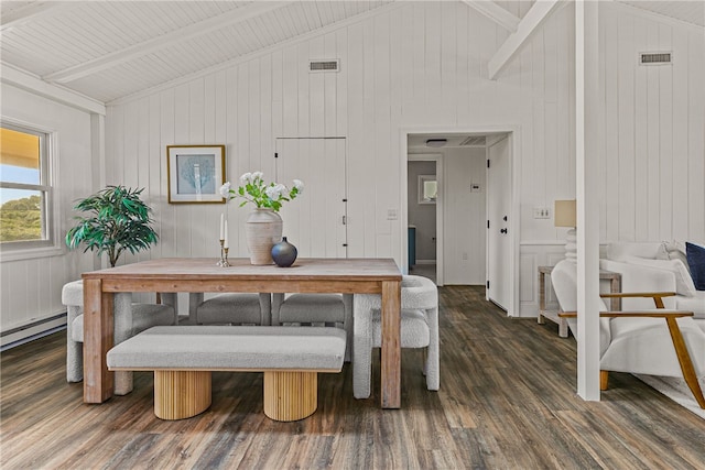 212 Round Pond Rd, Little Compton, RI 02837 - dining area with wood finished floors, wood walls, and baseboard heating