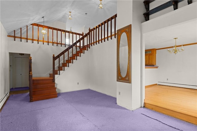 129 Academy Ave, Providence, RI 02908 - stairway with a chandelier, high vaulted ceiling, a baseboard radiator, and carpet flooring