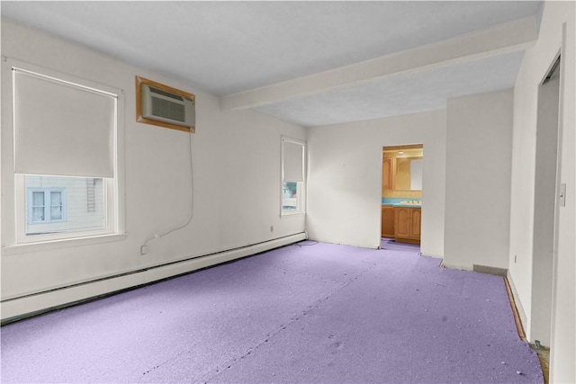 129 Academy Ave, Providence, RI 02908 - carpeted spare room featuring a baseboard radiator, a wall mounted air conditioner, and beam ceiling