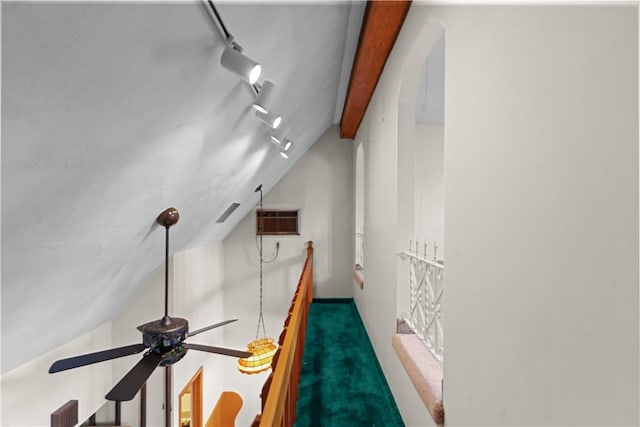 129 Academy Ave, Providence, RI 02908 - hall with lofted ceiling, rail lighting, an AC wall unit, and carpet floors