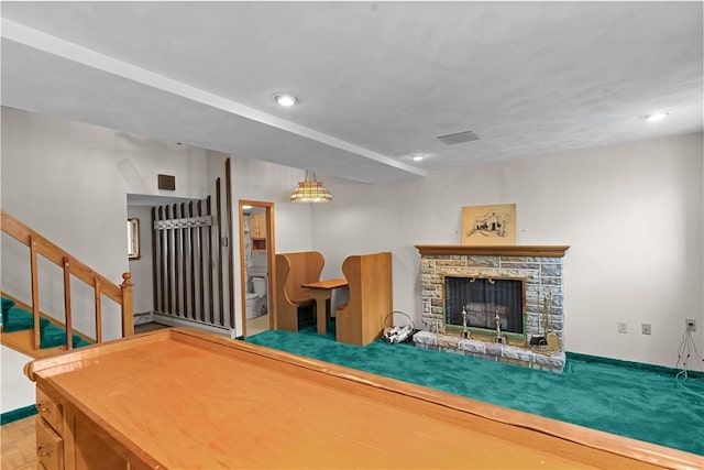 129 Academy Ave, Providence, RI 02908 - playroom featuring recessed lighting and a stone fireplace