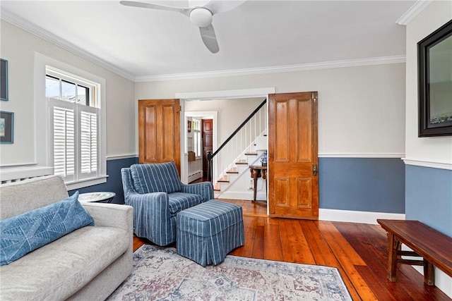 47 Second St, Newport, RI 02840 - living area featuring hardwood / wood-style floors, crown molding, stairway, and ceiling fan