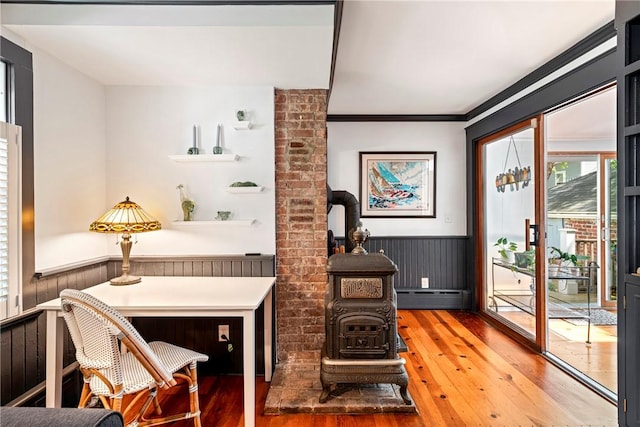 47 Second St, Newport, RI 02840 - home office featuring baseboard heating, a wainscoted wall, hardwood / wood-style flooring, and ornamental molding