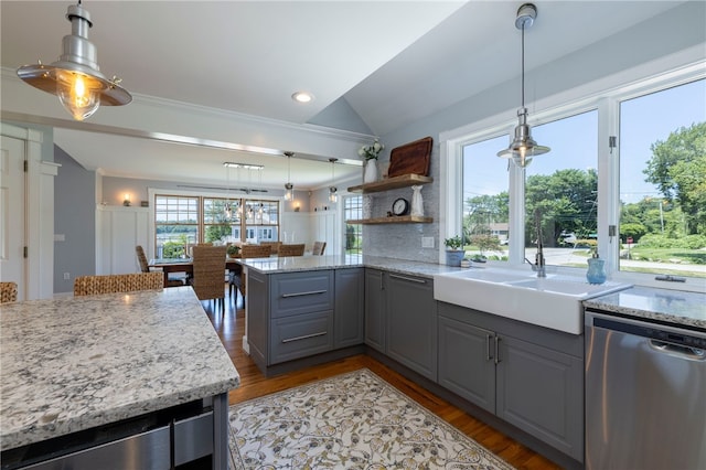 170 W Beach Rd, Charlestown, RI 02813 - kitchen featuring dishwasher, gray cabinets, light stone countertops, lofted ceiling, and recessed lighting