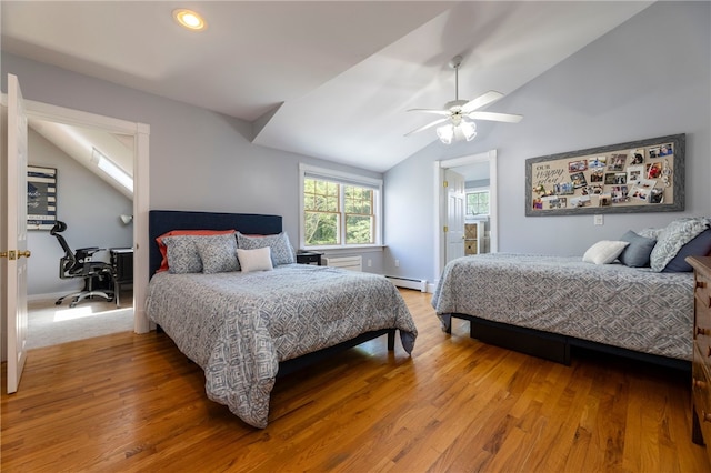 170 W Beach Rd, Charlestown, RI 02813 - bedroom featuring a baseboard heating unit, lofted ceiling, light wood-style floors, an office area, and ceiling fan