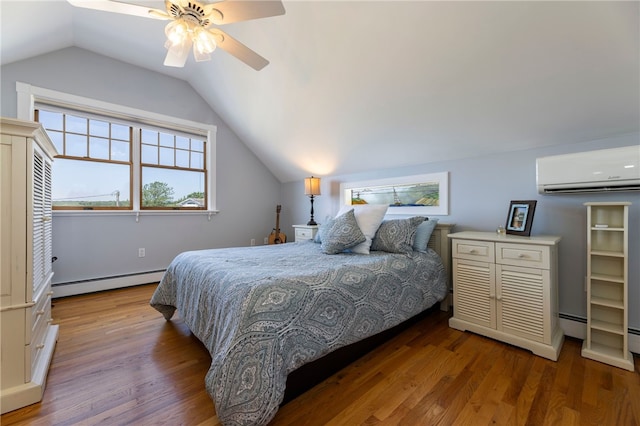 170 W Beach Rd, Charlestown, RI 02813 - bedroom with a baseboard radiator, a wall unit AC, wood finished floors, lofted ceiling, and a ceiling fan
